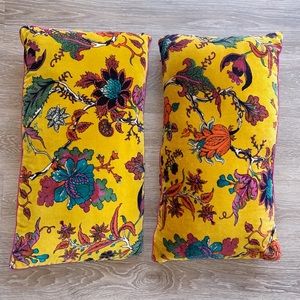 TWO Matching Mustard Floral Velvet Lumbar Pillows